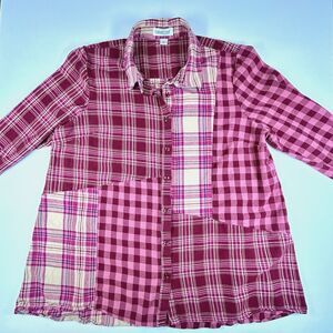 Coldwater Creek Into the Mix Plaid Flannel Shirt Womens XL Pink Maroon Patchwork